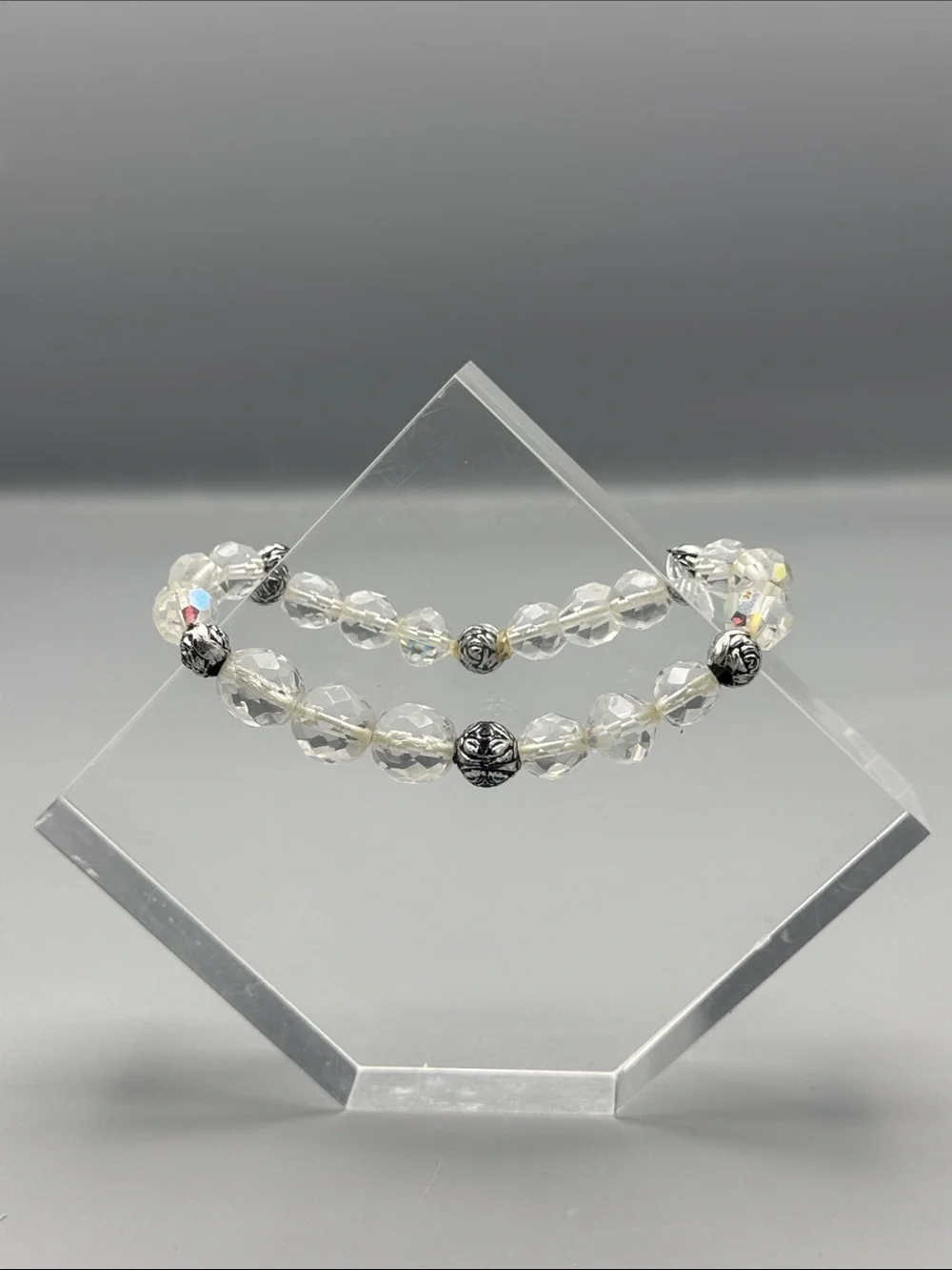 Crystal Bead Stretch Bracelet with Silver Accent Beads